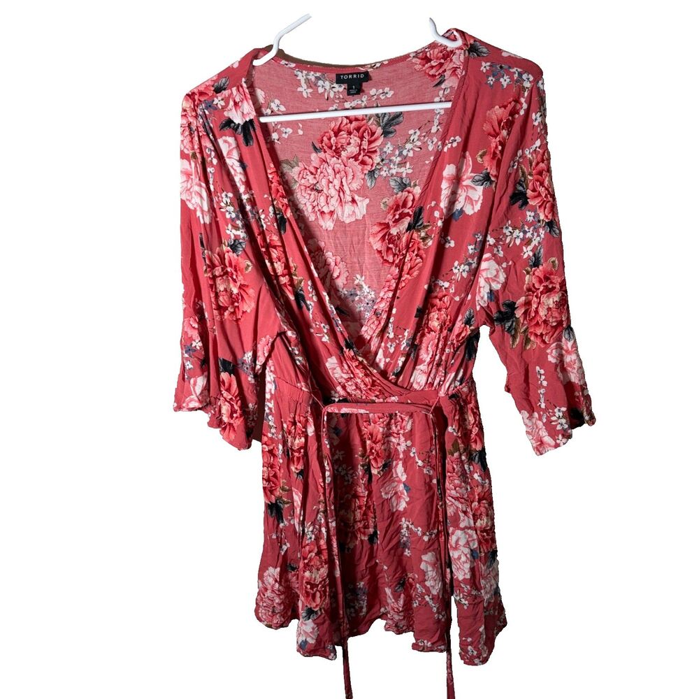 Torrid Blouse Women's 1 V-Neck Tie Belted Short Sleeve Floral Boho Top 1X